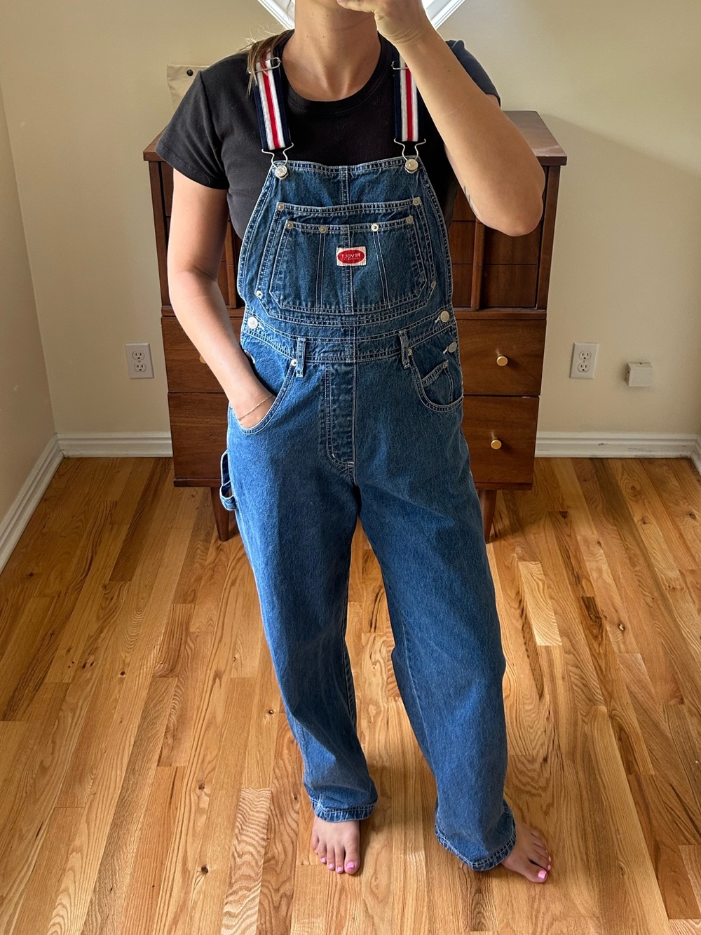 Revolt Jeans Blue Denim Overalls with Red Logo & Striped Straps